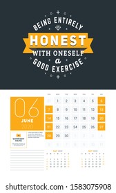 Wall calendar template for June 2020. Vector design print template with typographic motivational quote on yellow textured background. Week starts on Sunday