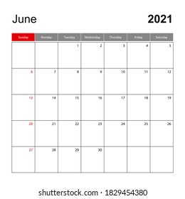 Wall calendar template for June 2021. Holiday and event planner, week starts on Sunday. Vector template.