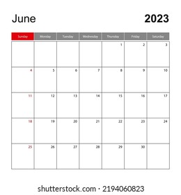 Wall calendar template for June 2023. Holiday and event planner, week starts on Sunday. Vector template.