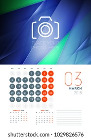 Wall calendar template for March 2018. Vector design print template with abstract background or place for photo. Week starts on Monday