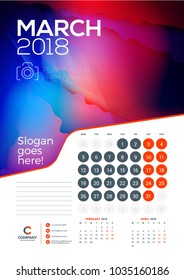 Wall calendar template for March 2018. Vector design print template with abstract background or place for photo. Week starts on Monday