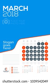 Wall calendar template for March 2018. Vector design print template with place for photo. Week starts on Sunday