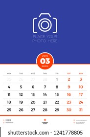 Wall calendar template for March 2019. Week starts on Monday. Vector illustration