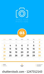 Wall calendar template for March 2019. Week starts on Sunday. Vector illustration