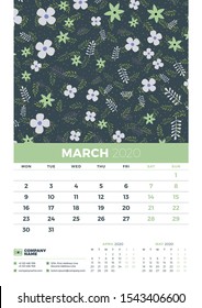 Wall calendar template for March 2020. Week starts on Monday. Design template with cute floral pattern. Vector illustration