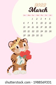 Wall calendar template for March 2022. Year of the tiger to the Eastern Chinese calendar. Cute character in flat design.