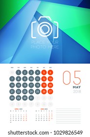 Wall calendar template for May 2018. Vector design print template with abstract background or place for photo. Week starts on Monday
