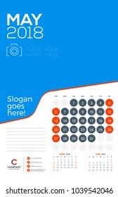 Wall calendar template for May 2018. Vector design print template with place for photo. Week starts on Sunday