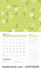 Wall calendar template for May 2020. Week starts on Sunday. Design template with cute floral pattern. Vector illustration