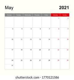 Wall calendar template for May 2021. Holiday and event planner, week starts on Monday. Vector template.