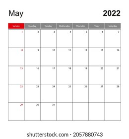 Wall calendar template for May 2022. Holiday and event planner, week starts on Sunday. Vector template.
