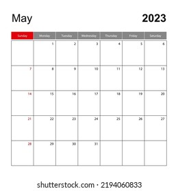 Wall calendar template for May 2023. Holiday and event planner, week starts on Sunday. Vector template.