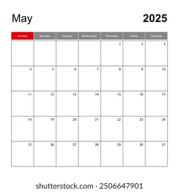 Plantilla de calendario de pared para mayo de 2025. Festiva y planificador de eventos, la semana comienza el domingo. Plantilla de Vector.