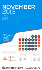 Wall calendar template for November 2018. Vector design print template with place for photo. Week starts on Sunday