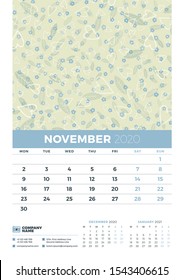 Wall calendar template for November 2020. Week starts on Monday. Design template with cute floral pattern. Vector illustration