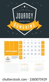 Wall calendar template for November 2020. Vector design print template with typographic motivational quote on yellow textured background. Week starts on Sunday