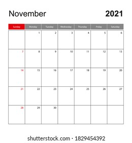 Wall calendar template for November 2021. Holiday and event planner, week starts on Sunday. Vector template.