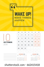 Wall Calendar Template for October 2018. Vector Design Print Template with Typographic Motivational Quote on Yellow Textured Background. Week starts on Monday