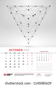 Wall calendar template for October 2019 with abstract geometric background. Week starts on Monday. Vector illustration