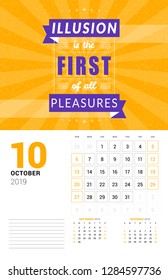 Wall calendar template for October 2019. Vector design print template with typographic motivational quote on orange textured background. Week starts on Sunday