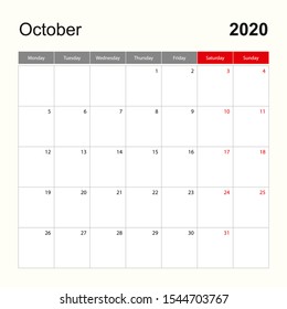 Wall calendar template for October 2020. Holiday and event planner, week starts on Monday. Vector template. 