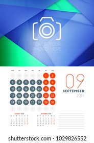 Wall calendar template for September 2018. Vector design print template with abstract background or place for photo. Week starts on Monday