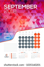 Wall calendar template for September 2018. Vector design print template with abstract background or place for photo. Week starts on Monday