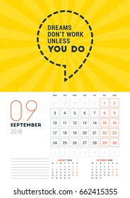 Wall Calendar Template for September 2018. Vector Design Print Template with Typographic Motivational Quote on Yellow Textured Background. Week starts on Monday