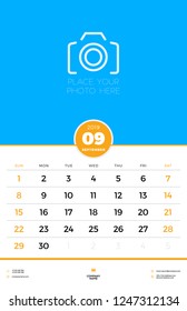 Wall calendar template for September 2019. Week starts on Sunday. Vector illustration