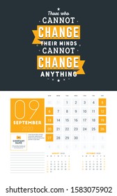 Wall calendar template for September 2020. Vector design print template with typographic motivational quote on yellow textured background. Week starts on Sunday