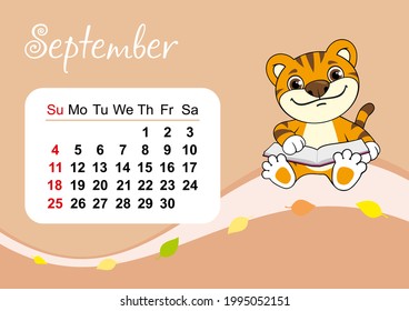 Plantilla de calendario de pared para septiembre de 2022 en inglés. Año del tigre al calendario de China Oriental. Tigre lindo en diseño plano. La semana empieza en domingo. Tamaño A4 