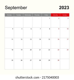 Wall calendar template for September 2023. Holiday and event planner, week starts on Monday. Vector template.