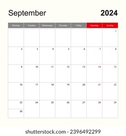 Wandkalender-Vorlage für September 2024. Feiertag und Veranstaltungsplaner, die Woche beginnt am Montag. Vektorvorlage.