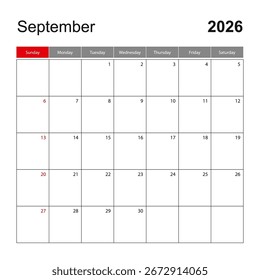 Wandkalender Vorlage für September 2026. Feiertags- und Veranstaltungsplaner, die Woche beginnt am Sonntag. Vektorvorlage.