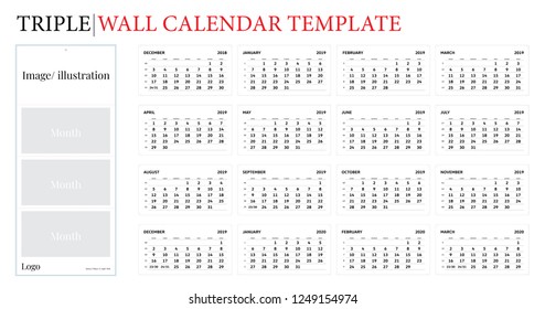 Wall Calendar Template, Triple Wall Calendar Template. Vector with die cut layers. White, blank, clear, isolated Wall Calendar ready for your brand and logo 
