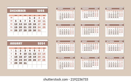 Wall calendar template for the year 2023. Work calendar with week numbers. The week starts on Monday. Monthly calendar in pastel colors.