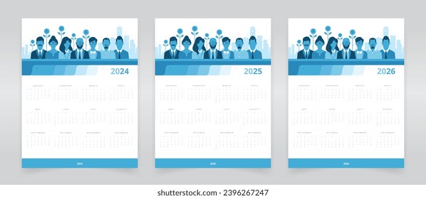 Wall calendar templates for 2024, 2025, and 2026 with weeks starting on Sunday, featuring a modern, flat artwork of business people against a cityscape, suitable for the corporate or business sector