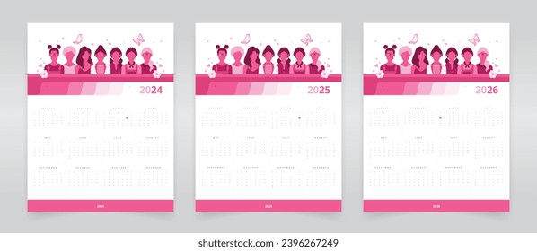 Wall calendar templates for 2024, 2025, and 2026 with weeks starting on Sunday, featuring women of all ages, ideal for organizations and events promoting women’s leadership and empowerment