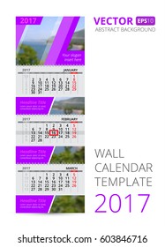 Wall calendar trio vector template with blur background. Vertical template with calendar grid for three months and advertising place. Use this vector layout for your design.