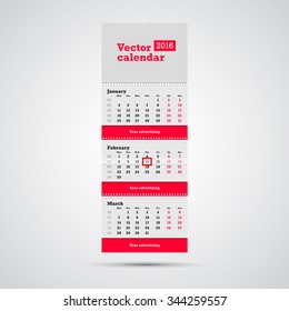 Wall calendar vector template. Vertical calendar template with three month sections and advertising placeholders with springs and day marker isolated on white background.