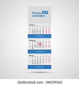 Wall calendar vector template. Vertical calendar template with three month sections and advertising placeholders with springs and day marker isolated on white background.