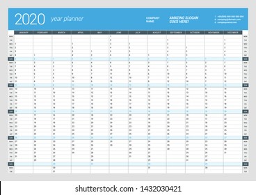 Wall calendar yearly planner template for 2020. Vector design print template. Week starts on Monday
