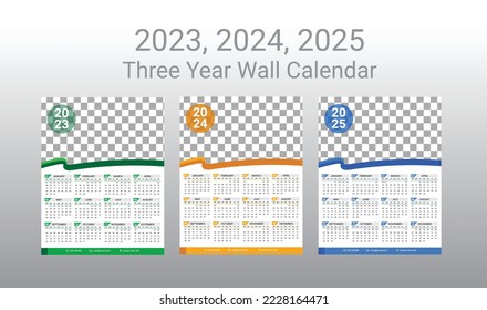 wall calender 2023, 2024, 2025 One Page Full Editable Vector modern