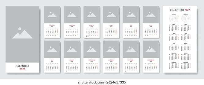 Wandkalender 2026 mit Platz für Bild plus Jahreskalender 2027, Woche ab Montag. Vollständig editierbar.