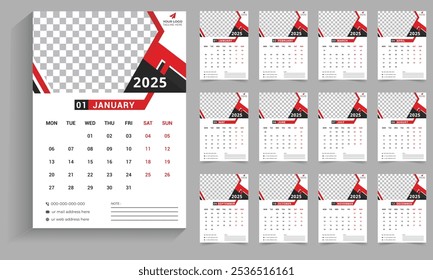 Wall calender template design 2025,  12 page wall or desk planner week starts on monday