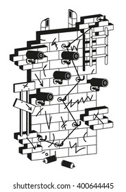 wall with cameras  - bad security - bold lines vector illustration - graffiti vandalism street art black and white