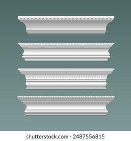 Wall and ceiling white classic gypsum cornice with ornament. Realistic 3d vector illustration set of molding crown trim for classic home interior design. Styrofoam ledge plinth decoration with pattern