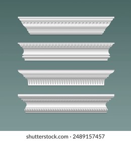 Wall and ceiling white classic gypsum cornice with ornament. Realistic 3d vector illustration set of molding crown trim for classic home interior design. Styrofoam ledge plinth decoration with pattern