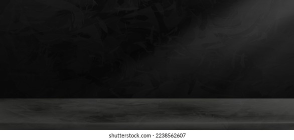 Wall Cement Display Room,Vector 3D Studio Black Marbele textur background,Horizon mockup backdrop of Empty Gallery room in dark concrete surface with cracked pattern.Wide panoramic Banner design