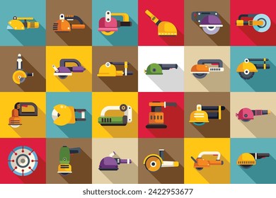 Wall chaser icons set flat vector. Construction building. Work tool machine